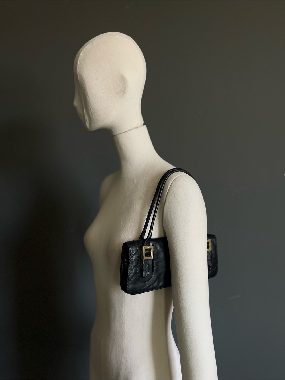 Vintage Emanuel Ungaro Black Leather East West Baguette Shoulder Bag Gold Italy